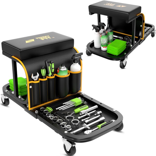 Rolling Shop Stool Chair with Wheels, Mechanic Garage Stool on