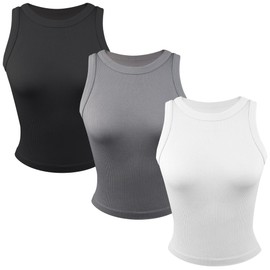 Common Stitch 3 Pack Stretch Tank Tops for Women, Ribbed Crew Neck Womens Workout Yoga Shirts (Available in Plus) Black/Grey/White