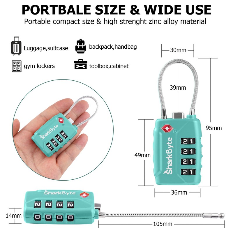 SharkByte TSA Approved Suitcase Locks - 4-Dial Security Travel Combination