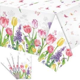 4 Pack Spring Summer Floral Tablecloth Party Decoration, 54 x 108 Inch Rectangular Plastic Flower Butterfly Table Cloth, Disposable Watercolor Table Cover for Easter Picnic Birthday Tea Party Decor
