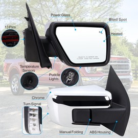 Lqito Right Passenger Side Door Mirror Compatible With 2021-2025 Ford F150 With Manual Folding Heated Blind Spot Turn Signal Light Puddle Light Temperature Sensors Chrome Replace#ML3Z17682SA(13Pins)