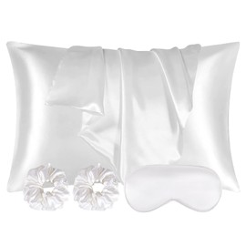 AUAUY Set of 2 Satin Cushion Covers 50 x 80 cm, Soft as Silk Cushion Cover, Better Care than Silk Pillose Case, Satin Pillowcase Cushion Cover for Hair and Skin with Eye Mask 2 Hair Bobbles White