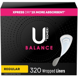 U by Kotex Balance Wrapped Panty Liners, Regular Length, 320 Count (8 Packs of 40) (Packaging May Vary)