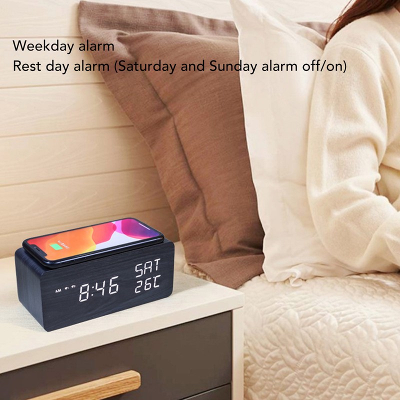 Wooden Digital Alarm Clock with Wireless Charging Black Adjustable Brightness