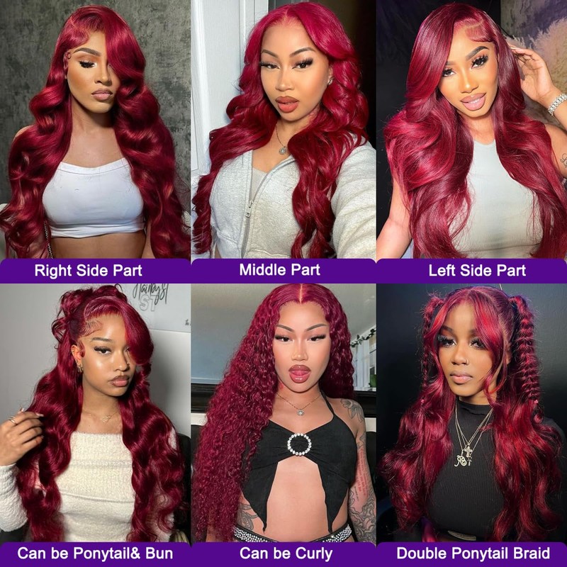 Diwionte Diwionte 26 Inch 99J Burgundy Lace Front Wigs Human