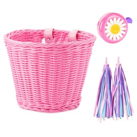 Wintfarm Kids Bike Basket Front,Girls Bike Accessories Kids,Handwoven Bicycle Basket,Cycling Baskets With Spare Leather Straps, Tassels And Bell(Pink)