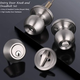 2 Pack Keyed Alike Entry Door Knobs and Single Cylinder Deadbolt Lock Combo Set Security for Entrance and Front Door with Classic Satin Nickel Finish