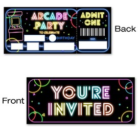 brayqu Arcade Party Invitations Neon Arcade Games Ticket Invitations Fill-in Birthday Invites (20 Invitation Cards with Envelopes)