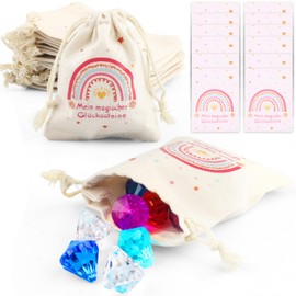 Party Bags for Filling Set, 12 Pieces Small Cotton Gift Bags, 12 Congratulations Cards, 12 Children's Gemstones, Jewellery Bag for Gift Wrapping, Party Bag Decoration Children's Birthday Party Bag