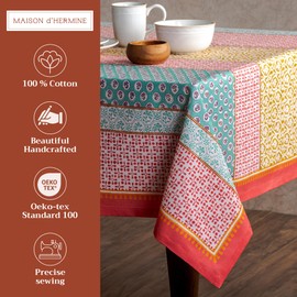Maison d'Hermine Tablecloth, 100% Cotton, Decorative, Washable, Square Tablecloth for Easter for Kitchen, Dining, Buffet Parties and Camping, Rose Garden, Spring/Summer (140 cm x 180 cm)