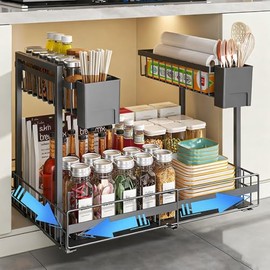 Extendable Telescopic Drawer, Kitchen Organiser for Sink and Kitchen Shelf, Metal Cupboard Basket, No Drilling, Adjustable Width 32.5-50 cm (Style C Black, Pack of 1)