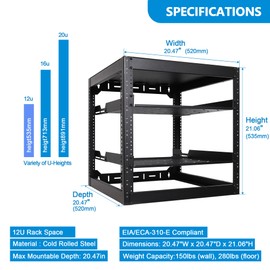 RackPath 12U Open Frame Network Rack with 2X 14in Vented 1U Shelves Rear Support, Wall Mount/Floor Standing Network Cabinet, Heavy Duty 150 lbs Capacity for IT & AV Gear, Audio and Video Device