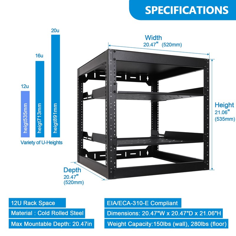 RackPath 12U Open Frame Network Rack with 2X 14in Vented
