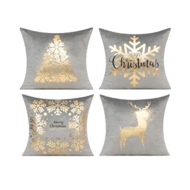 All Smiles Gray Gold Christmas Decorations Throw Pillow Covers Cases 18X18 Set of 4 Winter Xmas Indoor Home Holiday Décor Ornaments Velvet Navidad Cushion for Sofa Tree Snowflake Reindeer
