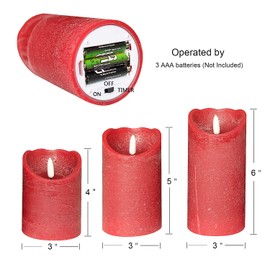Wondise Red Flameless Flickering Candles Battery Operated with 6 Hour Timer, 3D Wick Real Wax Warm Light LED Flickering Candles Thanksgiving Christmas Decoration(Set of 3, 3 x 4-6 Inches)