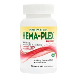 NaturesPlus Hema Plex Capsules - Gentle, Fast Acting Iron Capsules with Vitamin C, Methyl B12, Folate - Blood Health and Energy Support - Vegan, Gluten Free - 60 Capsules