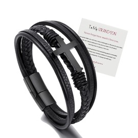 To My Son/To My Grandson Bracelet- "I Will Always Be With You" Braided Leather Bracelet for Men, Stainless Inspirational Wristband, Handmade Mens Braided Leather Bracelet Bangle Wristband (Grandson-Cross, Stainless)