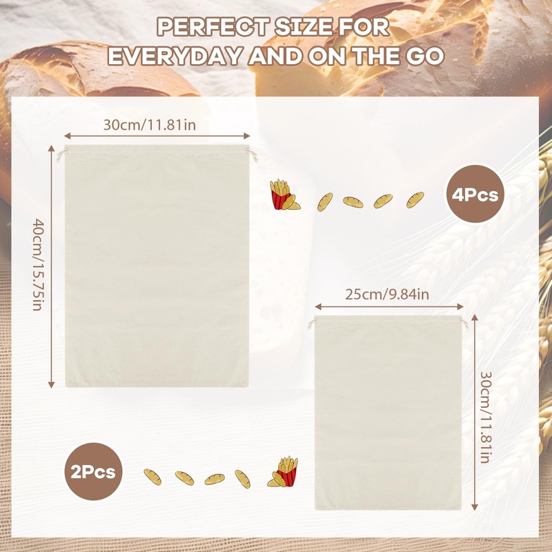 Pack of 6 Bread Bags, Linen Cotton, 30 x 40