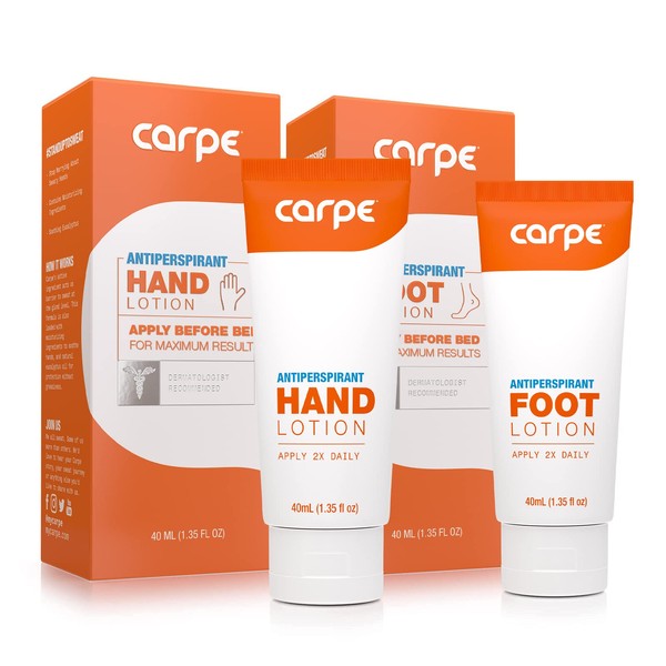 Carpe Antiperspirant Hand and Foot Lotion Package Deal (1 Hand and 1 Foot Tube - Save 17%), Stop Sweaty Hands and Sweaty, Smelly Feet, Dermatologist-Recommended, Most-Popular