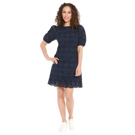 London Times Women's Dresses Summer Puff Sleeve Mini Dress for Women | Short Cotton Eyelet Womens Dresses, Navy Blazer, 14
