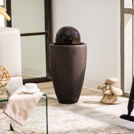 XBrand 25.98" H Round Stone Indoor/Outdoor Modern Stone Textured Sphere Water Fountain w/LED Lights, Ball Water Fountain Decor, Garden Sphere Fountain, Patio Fountain, Outdoor Fountain, Brown