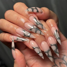 MouyouGlow Press on Nails Long Stiletto Nude Chrome Silver Aura Striped Gothic Fake Nails with Nail Glue, Silver Line Artificial Fingernails