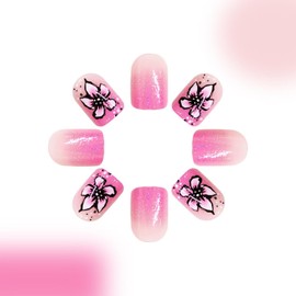 MIXFOSAHN Flower Press on Nails Medium Square Fake Nails Pink Glitter False Nails with Gradient Designs Wild Flower Glossy Stick on Nails Glue on Nails Spring Acrylic Nails for Women Girls 24 Pcs