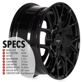Circuit Performance CP31 16x7 Wheel Gloss Black 4x100 Bolt Pattern, 16 Inch, +40mm Offset, 73.1mm CB, Compatible with 88-05 Honda Civic, 90-01 Acura Integra, Mazda Miata Wheels