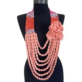 Multicolor Crochet Scarf Necklace with Rose, Leaves