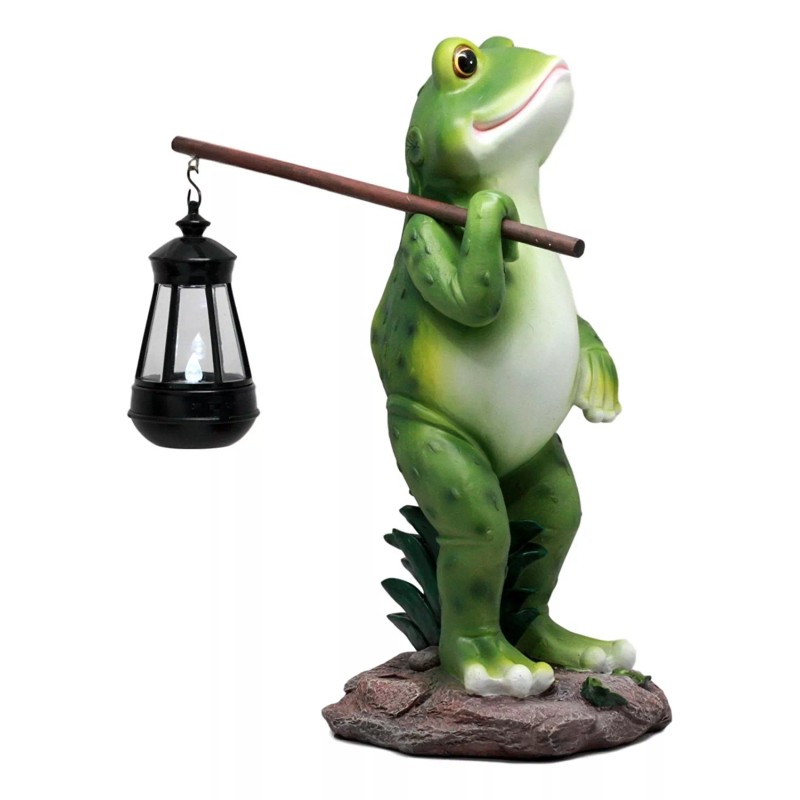 Blue Bayou Trails Hiking Frog Statue Holding Rod With Solar
