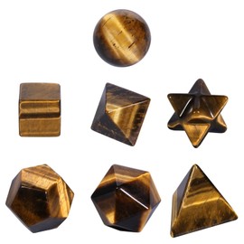 mookaitedecor 7 Pieces Natural Tiger's Eye Gemstone Kit, Platonic Solids Holy Geometry Stone Insert, Polished Tumbled Stones with Merkaba Star Kit for Reiki, Healing, Yoga Meditation, Wicca