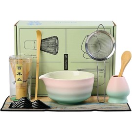 8Pcs Matcha Whisk Set Ceramic Matcha Bowl with Spout,Spoon, Sieve,Stirrer Holder for Matcha Tea Ceremony