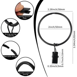 Openable Curtain Rings with Clips,2inch Inner Diameter,Heavy Duty Rustproof Metal Decorative Vintage Drapery Rings Curtain Clips Rod Hangers Door Curtain and Shower Curtain Rings Black Zocang