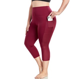 Plus Size Capri Leggings for Women with Pockets, Wine Workout Leggings Mesh Yoga Pants High Waisted Tummy Control Gym Clothes 2X