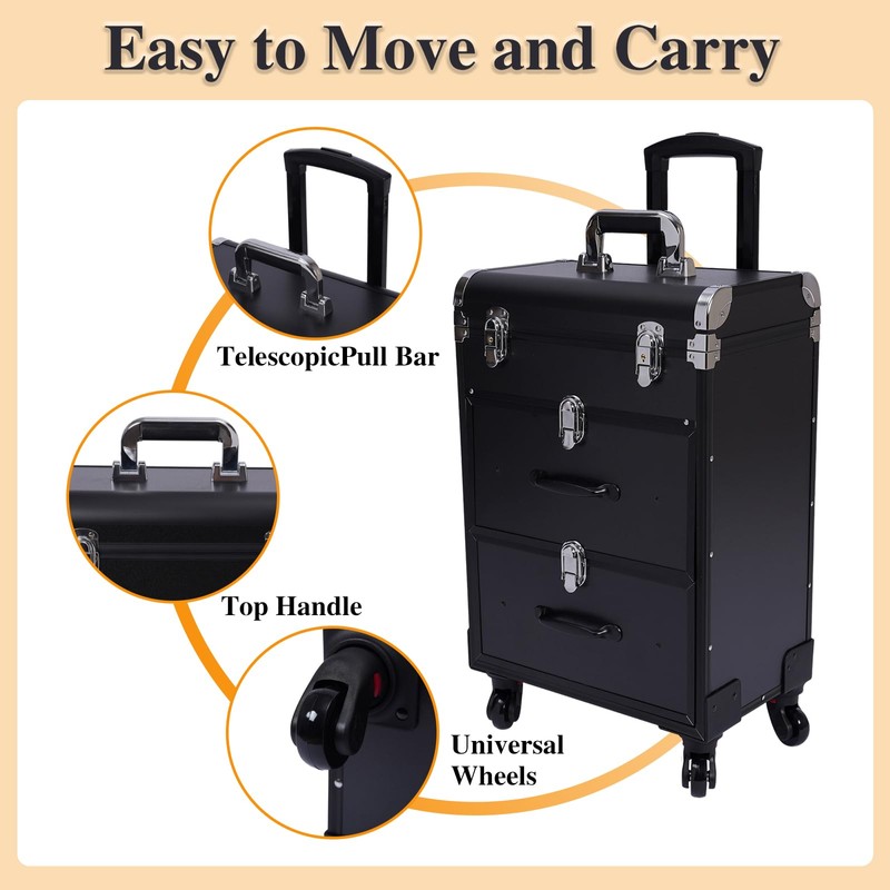 RustyVioum Rolling Makeup Case, Large Cosmetic Trolley with Locks, Make
