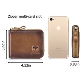 BULLCAPTAIN Men Genuine Leather Zipper Wallet RFID Blocking Bifold Wallets ID Window Credit Card Case (Brown Y)