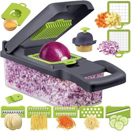 Picador de Verduras, Cortador de Verduras Multifuncional 12 en 1, con 6 Cuchillas de Acero Inoxidable y Contenedor, Mandoline Rayadores para Verduras Ayudante de Cocina para Frutas, Verduras y Ensaladas