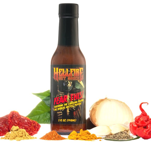 Hellfire Fear This! Hot Sauce, World's Best Carolina Reaper Sauce, Award-Winning Grand World Champion NYC, featured on the Hot Ones TV Show, in Maxim Magazine and voted 1st Place at the NYC Hot Sauce Expo, made with over 60% fresh super hot pepper mash.