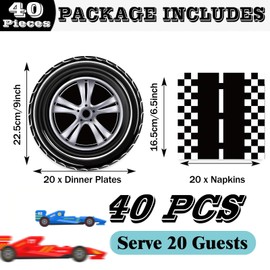 40 PCS Race Car Birthday Tableware Set, Racing Car Dinnerware Set-9 inch Dinner Paper Plates and Napkins for 20 Guests for Race Cars Party Supplies Decorations, Race Car Plates for Boys Kids Men