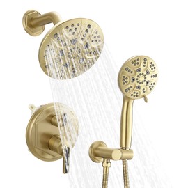 BWE Brushed Gold Shower Faucet Sets Wall Mounted Shower System - 6.1" Rain Shower Head Combo with High Pressure 5-Setting handheld Spray Bathroom Shower Fixtures with Valve