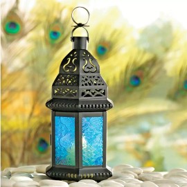 Accent Plus Candle Lantern Blue Glass Windows Black Moroccan Iron Frame Accent Decor 10" H