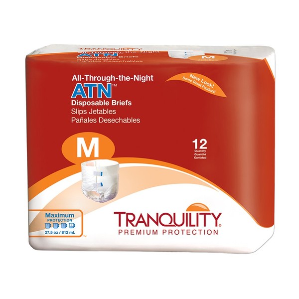 Tranquility ATN Adult Disposable Briefs, Refastenable Tabs with All-Through-The-Night Protection, M (32"-44") - 12ct (Pack of 1)