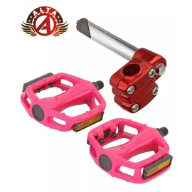 ALTA Original Bike 4-Bolt 22.2mm BMX Stem Red & Alloy Pedals 1/2" in Pink