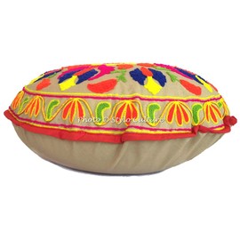 Stylo Culture Ethnic Decorative Round Floor Seat Cushion 45 x 45 cm Small Bean Bag Cushion Traditional Multicoloured Boho Sujani Embroidered Living Room Cotton Flowers Floor Cushion Patio