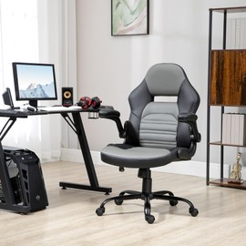 Vinsetto PU Leather Gaming Chair with Flip-up Armrests, Racing Style Computer Chair, Height Adjustable Home Office Chair with Swivel Wheels and Tilt Function, Gray