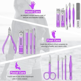 FLAFARY Manicure Set Professional Nail Clippers Pedicure Kit, 16 pcs Stainless Steel Nail Care Tools Grooming Kit with Luxurious Travel Leather Case for Thick Nails Men Women Gift (Violet)