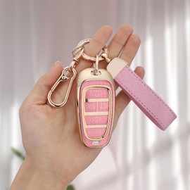 Seedwee for Hyundai 5 Buttons key fob cover, Soft TPU Keys Protector Bling Key Fob Keychain for 2023 2022 2021 2020 Sonata Santa fe Tucson, Gold Pink