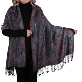 TZ Promise Pashmina Scarf with Vintage Tapestry Style Rainbow Luxury Paisley Pattern Wrap Shawl (Black Multicolored)