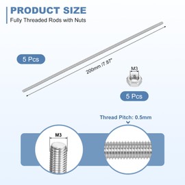 sourcing map 5Set M3-0.5x200mm Fully Threaded Rods, Threaded Rods Bar Studs with Nuts, 304 Stainless Steel Long Thread Screws Hardware for U-Bolts, Anchors, Clamps, Hangers, Silver