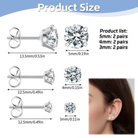 6 Pairs Sterling Silver Stud Earrings for Women Girls Hypoallergenic Cartilage Earrings Ball Cubic Zirconia Tiny Stud Earrings for Lobe Helix Tragus Piercing Gift Set (Size: 3/4/5mm)